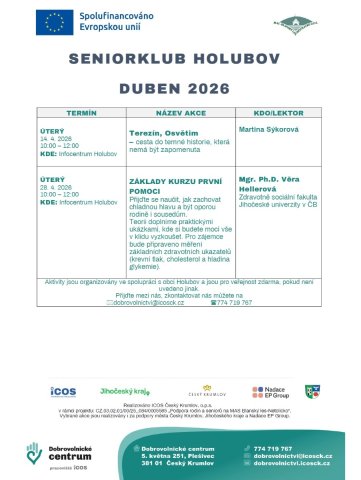 Program Senior klubu Holubov na duben 2026