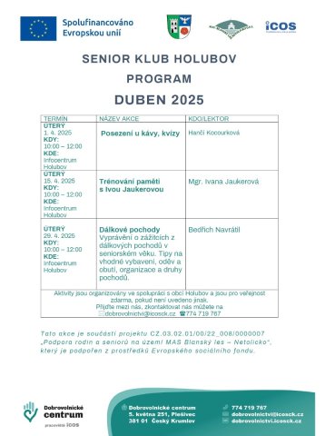 Program Senior klubu Holubov na duben 2025