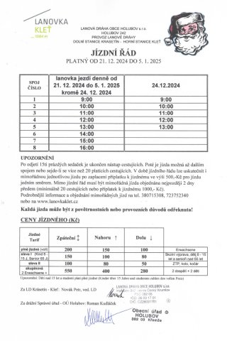 Jízdní řád platný od 21.12.2024 do 05.01.2025