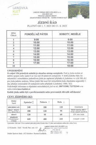 Jízdní řád platný od 01.07.2025 do 31.08.2025