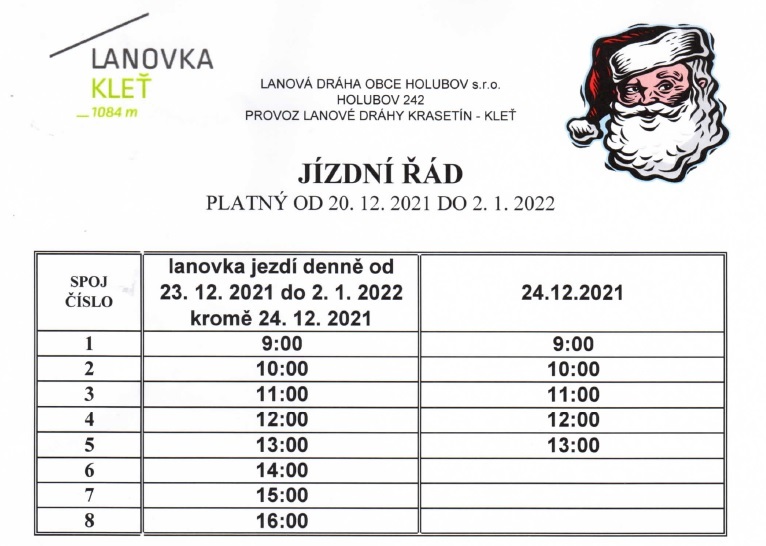 Jízdní řád platný od 20. 12. 2021 do 2. 1. 2022