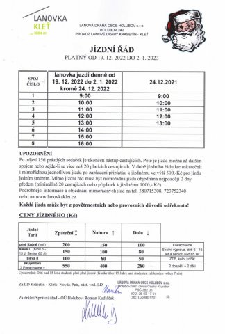 Jízdní řád platný od 19. 12. 2022 do 02. 01. 2023