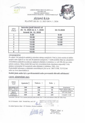 Jízdní řád platný od 20.12.2025 do 04.01.2026