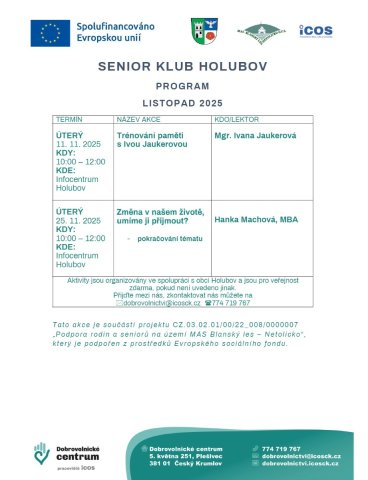 Program Senior klubu Holubov na listopad 2025