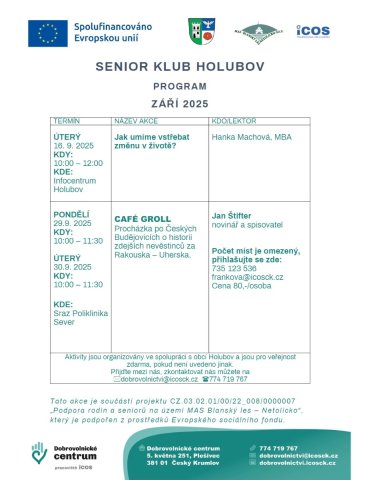 Program Senior klubu Holubov na září 2025