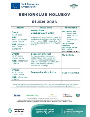 Program Senior klubu Holubov na říjen 2026