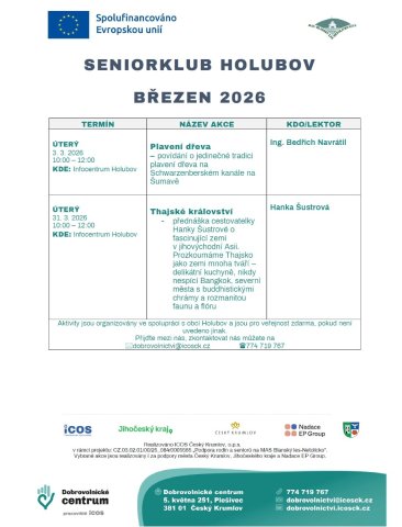 Program Senior klubu Holubov na březen 2026