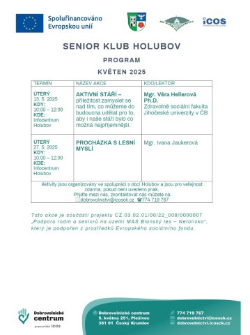 Program Senior klubu Holubov na květen 2025