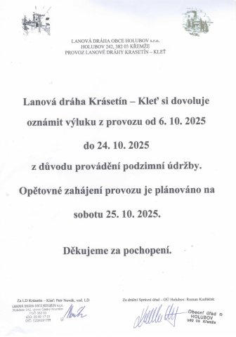 Výluka provozu lanové dráhy od 06.10.2025 do 24.10.2025