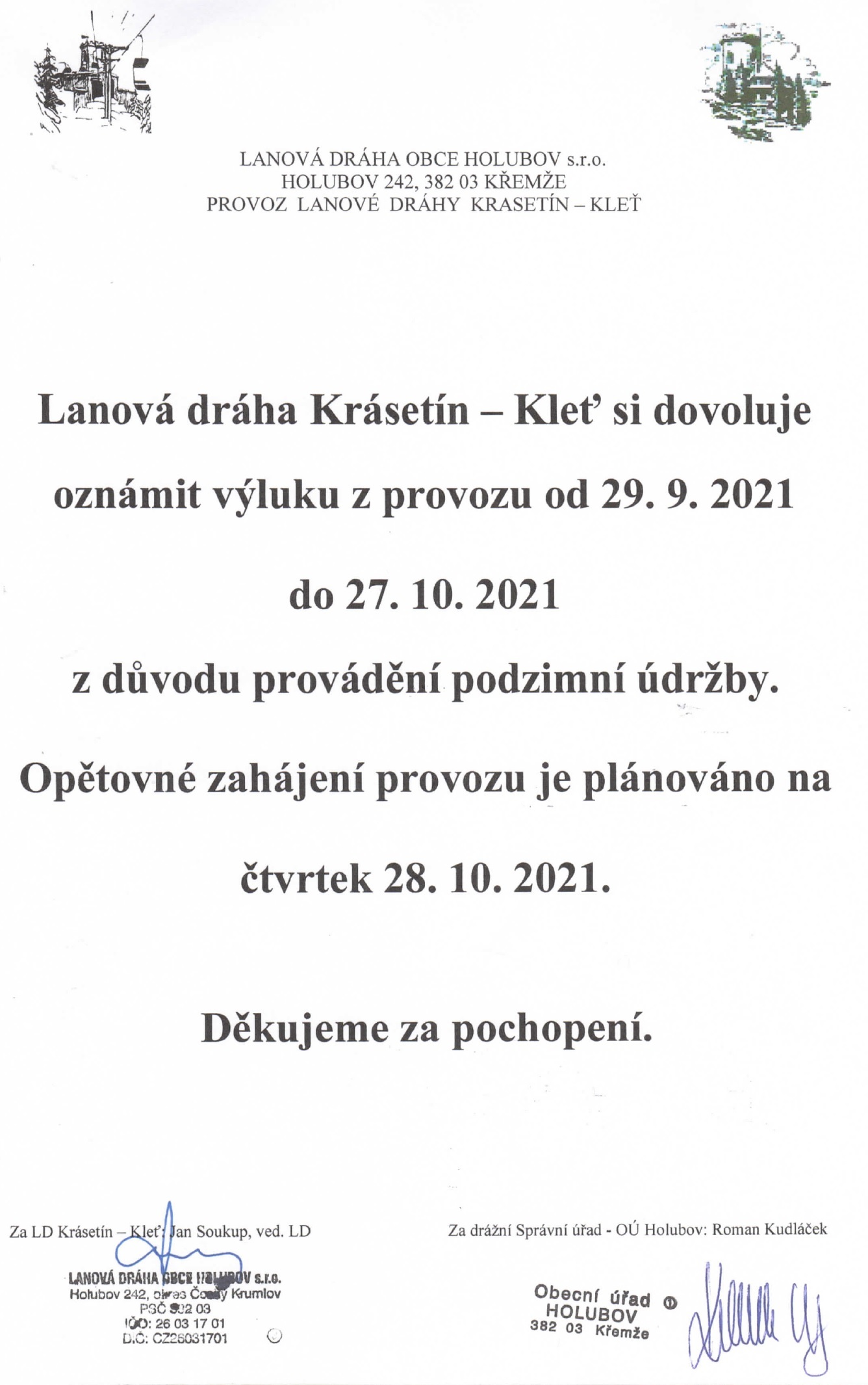 Výluka provozu lanové dráhy od 29. 9. 2021 do 27. 10. 2021