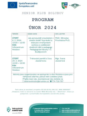 Program Senior klubu Holubov na únor 2024