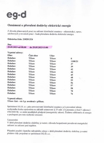 Oznámení o přerušení dodávky el. energie