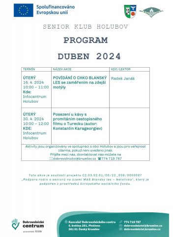Program Senior klubu Holubov na duben